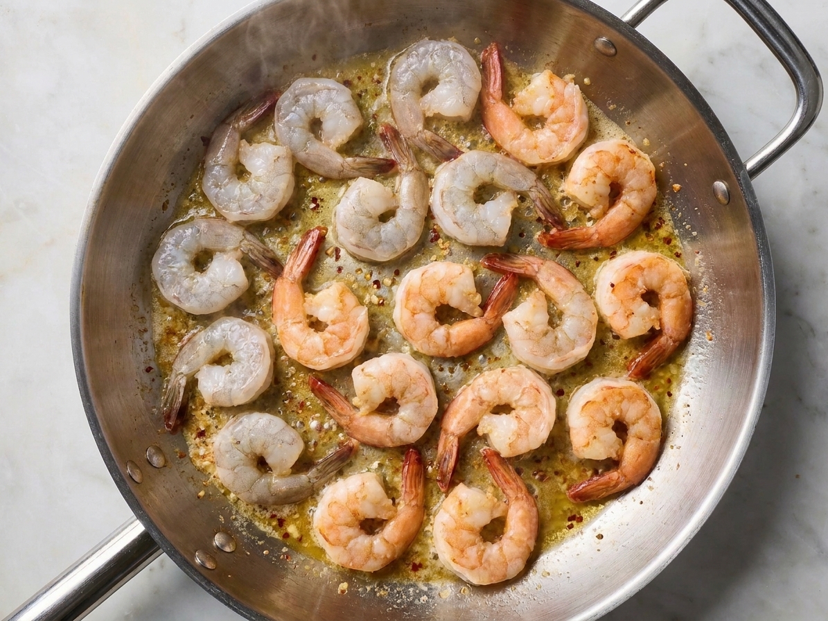 Shrimp searing in a hot skillet in a single layer, turning pink around the edges