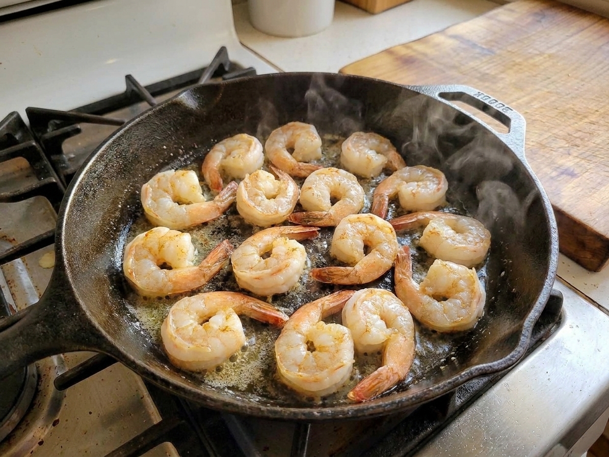 Shrimp searing in a hot skillet with a light golden edge, cooking in a single layer