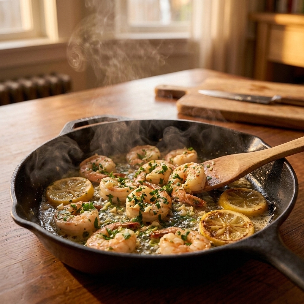 Shrimp sizzling in a skillet with lemon slices, melted butter, minced garlic, and chopped parsley