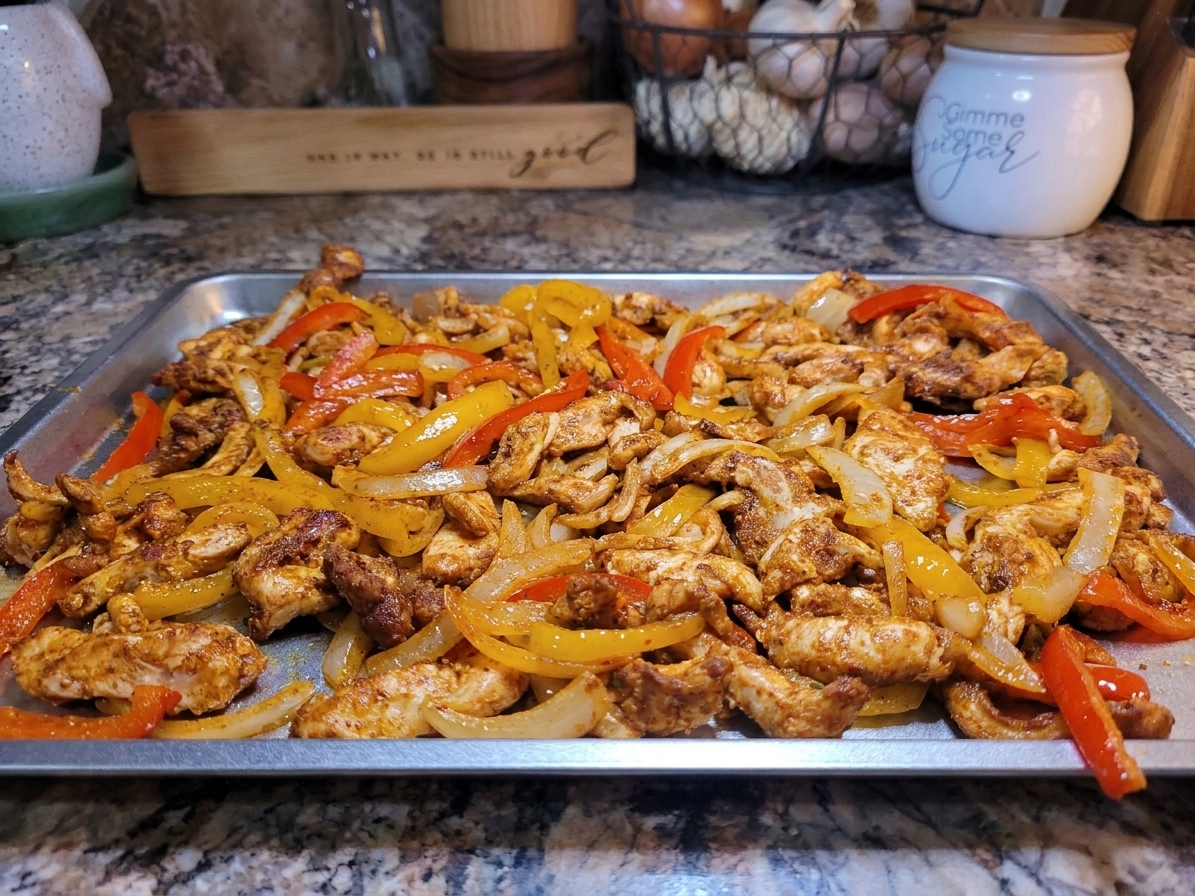 Sliced chicken, bell peppers, and onions coated in spices and spread in an even layer on a rimmed sheet pan