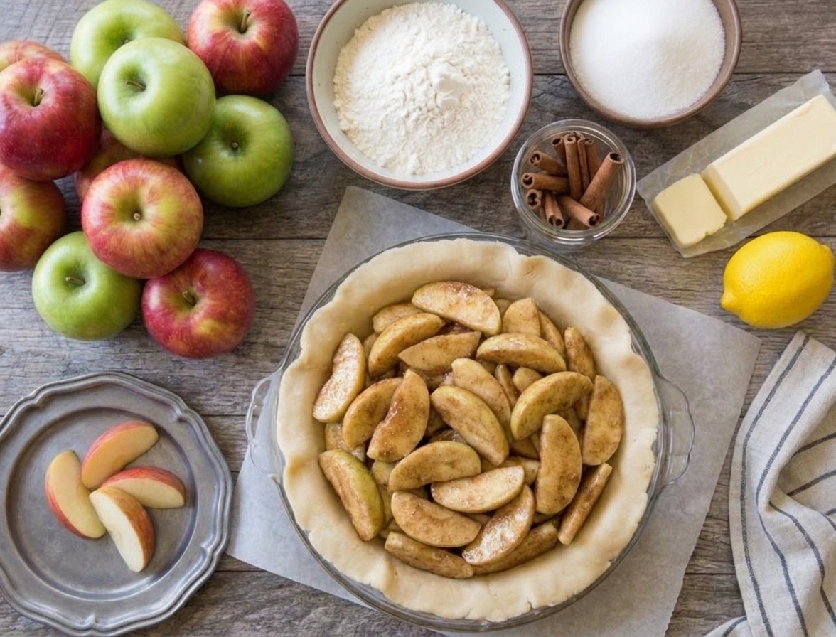 Sliced cinnamon apples piled into an unbaked pie crust in a glass pie dish