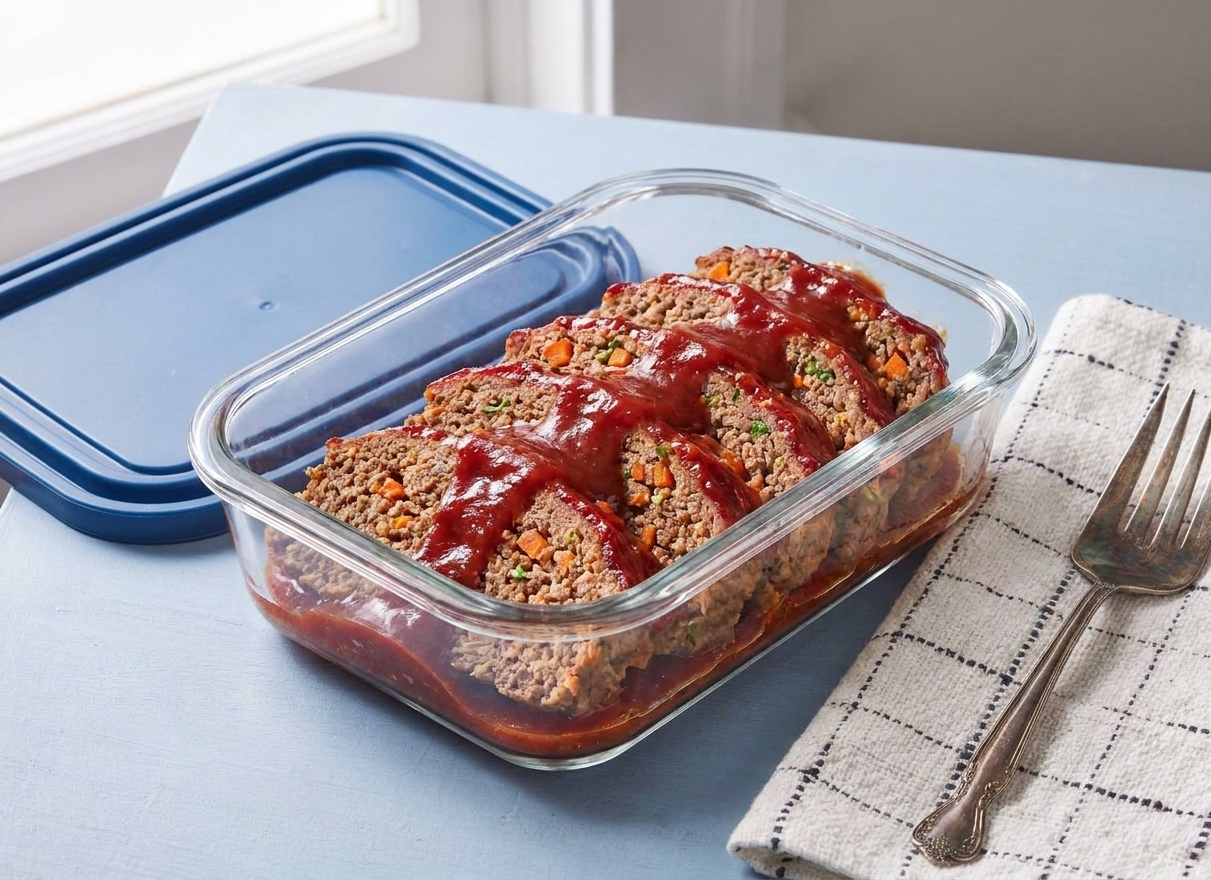 Sliced meatloaf arranged in a glass storage container with a little extra glaze, ready to refrigerate