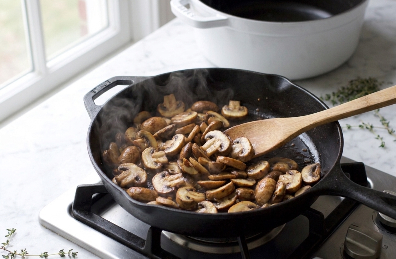 Sliced mushrooms browning in a skillet with a wooden spoon