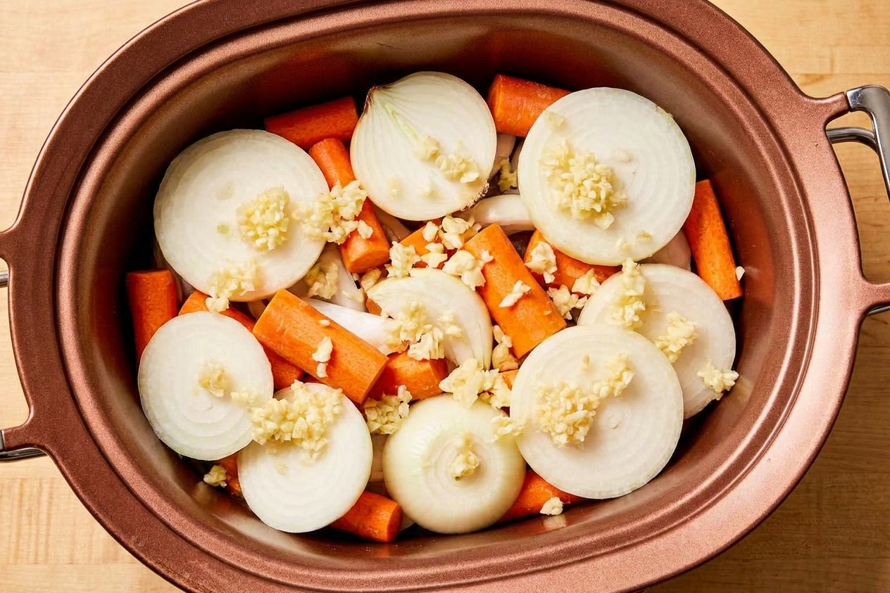 Sliced onions and carrots layered in the bottom of a slow cooker with minced garlic scattered on top