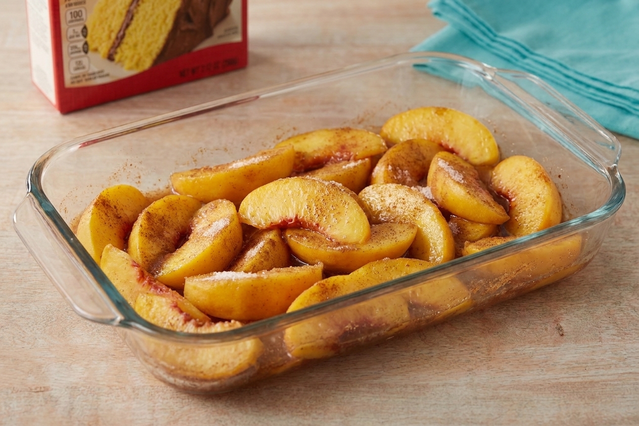 Sliced peaches tossed with sugar and cinnamon in a clear glass baking dish before baking