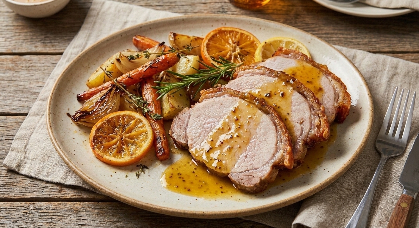Sliced pork roast on a plate with citrus pan sauce spooned over, served with roasted vegetables on the side