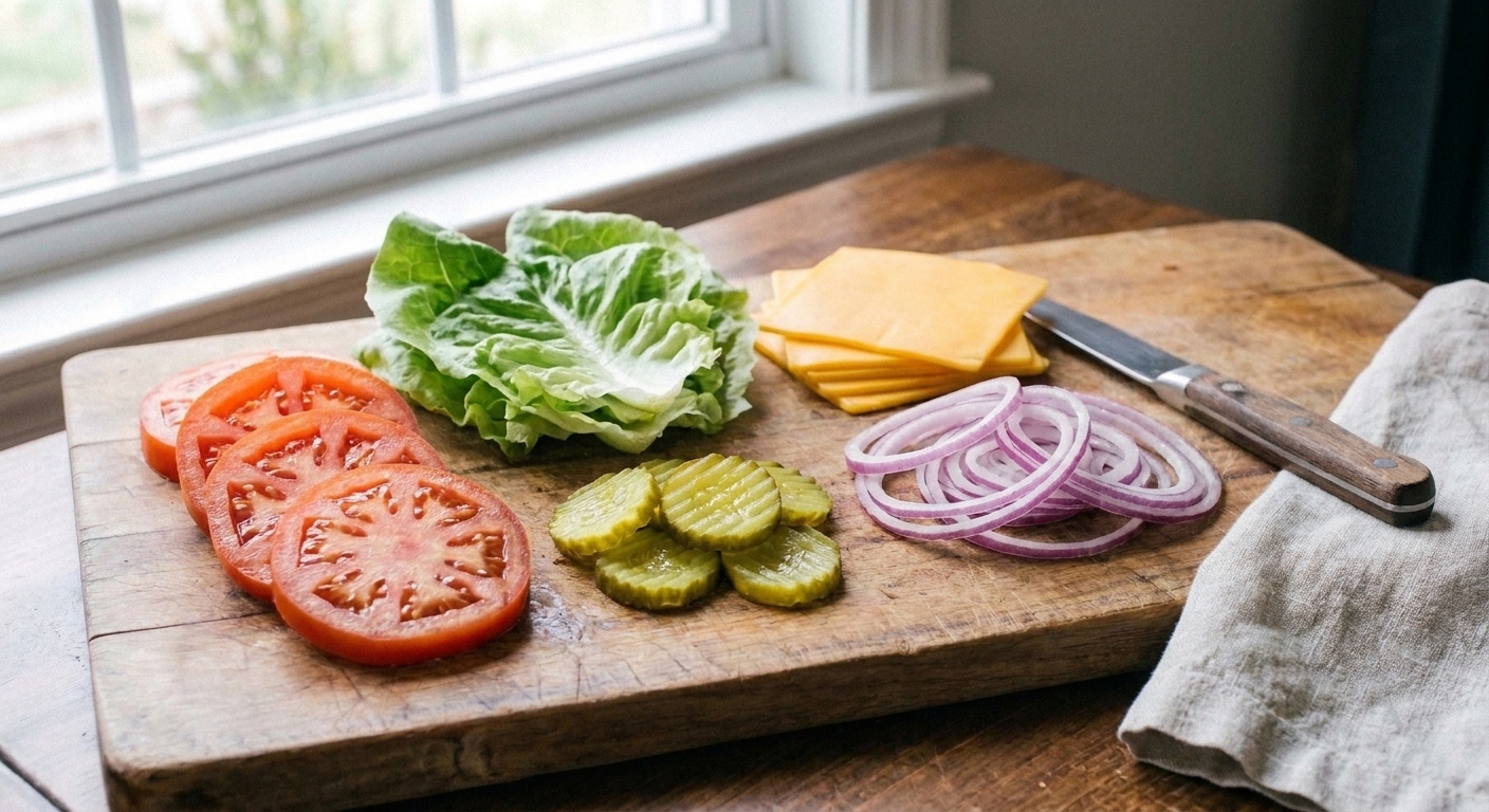 Sliced tomatoes, lettuce leaves, pickle chips, thin onion slices, and cheddar cheese laid out on a cutting board