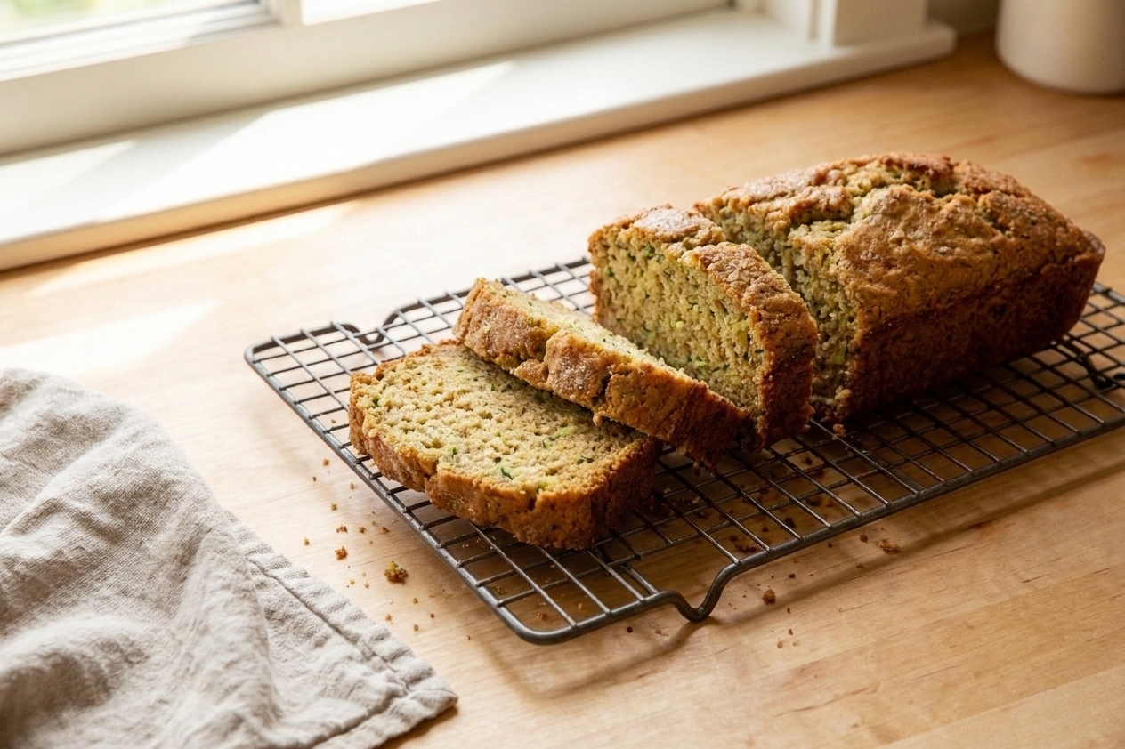 Slices of zucchini bread cooling on a wire rack with a folded kitchen towel nearby
