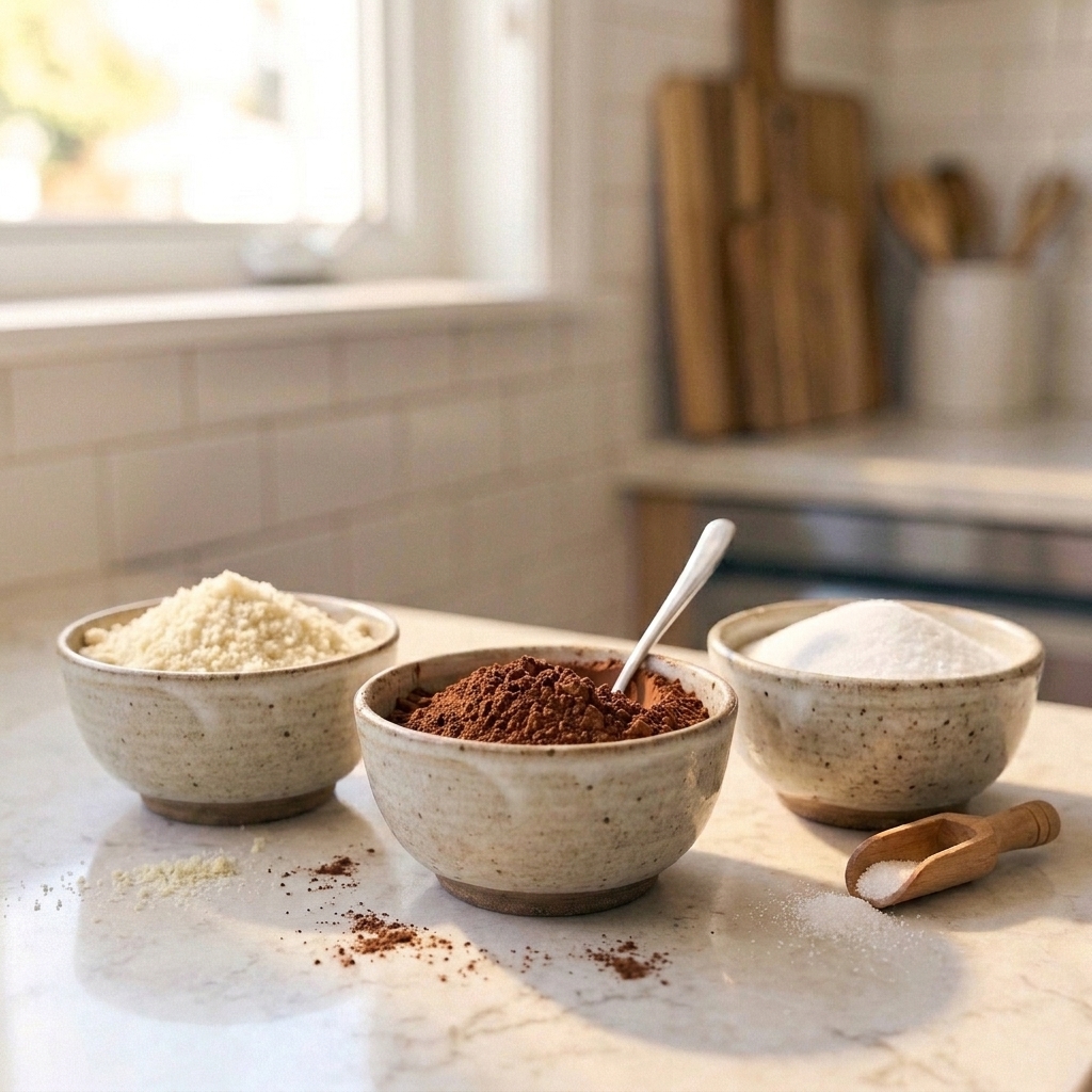 Small bowls of almond flour, cocoa powder, and granulated sugar-free sweetener arranged on a kitchen counter