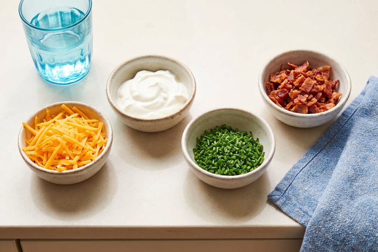 Small bowls of baked potato toppings on a counter including shredded cheddar, sour cream, chopped chives, and crispy bacon