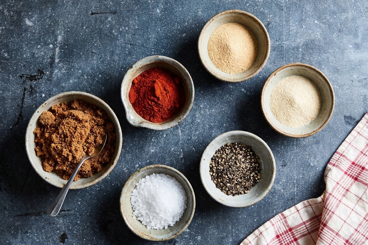 Small bowls of brown sugar, smoked paprika, garlic powder, onion powder, salt, and pepper arranged on a kitchen counter