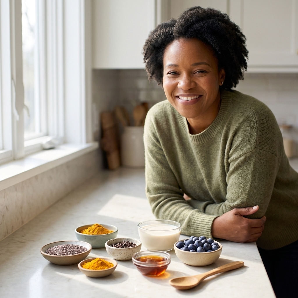 Small bowls of chia seeds, turmeric, black pepper, maple syrup, almond milk, and blueberries arranged on a kitchen counter