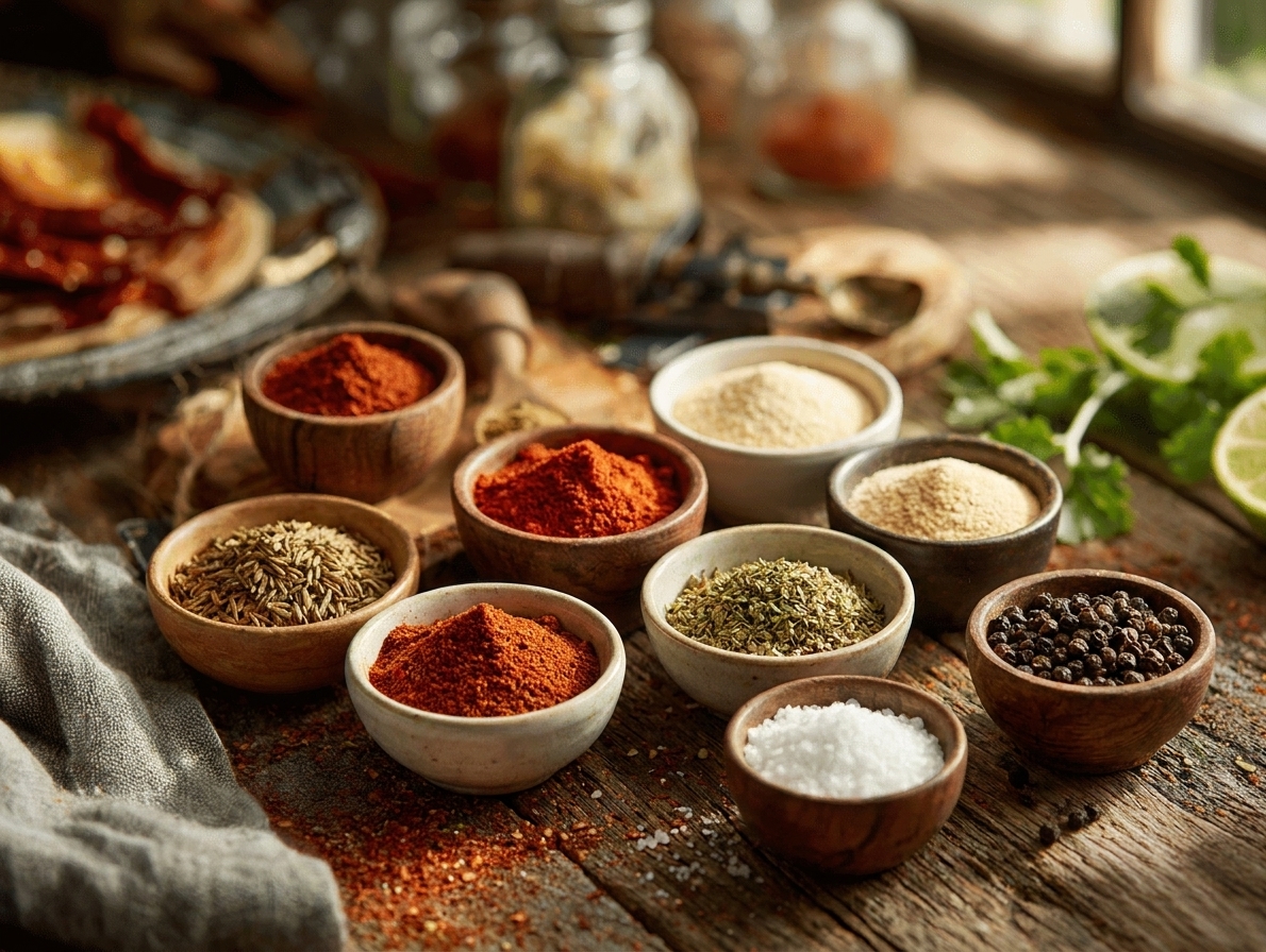 Small bowls of chili powder, cumin, paprika, garlic powder, onion powder, oregano, salt, and pepper arranged on a kitchen counter