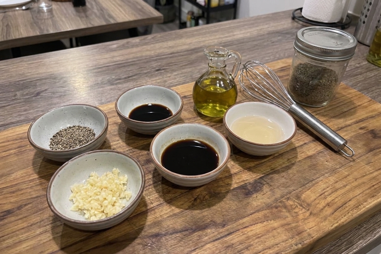 Small bowls of minced garlic, black pepper, soy sauce, Worcestershire, olive oil, and vinegar arranged on a kitchen counter with a whisk and a jar