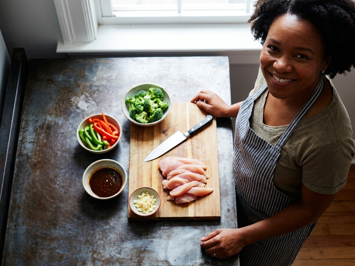 Small bowls of sliced bell peppers, broccoli florets, sliced chicken, minced garlic, and a bowl of sauce arranged on a kitchen counter next to a cutting board