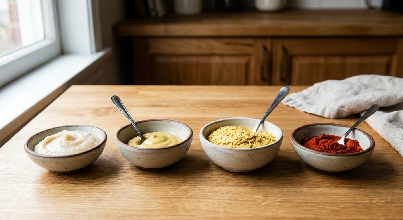Small bowls of white miso paste, Dijon mustard, nutritional yeast, and smoked paprika on a kitchen counter