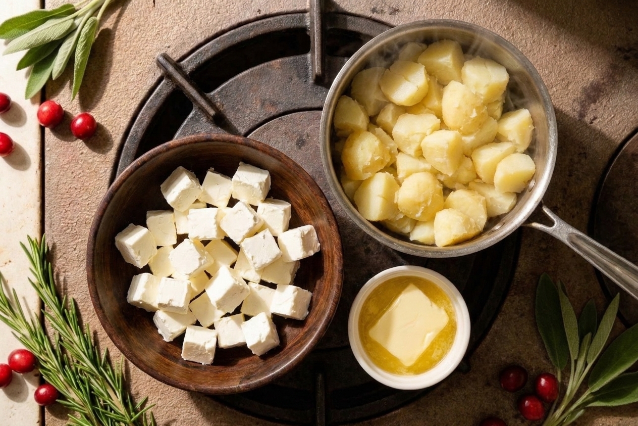 Small cubes of cream cheese in a bowl beside peeled potatoes and butter on a kitchen counter