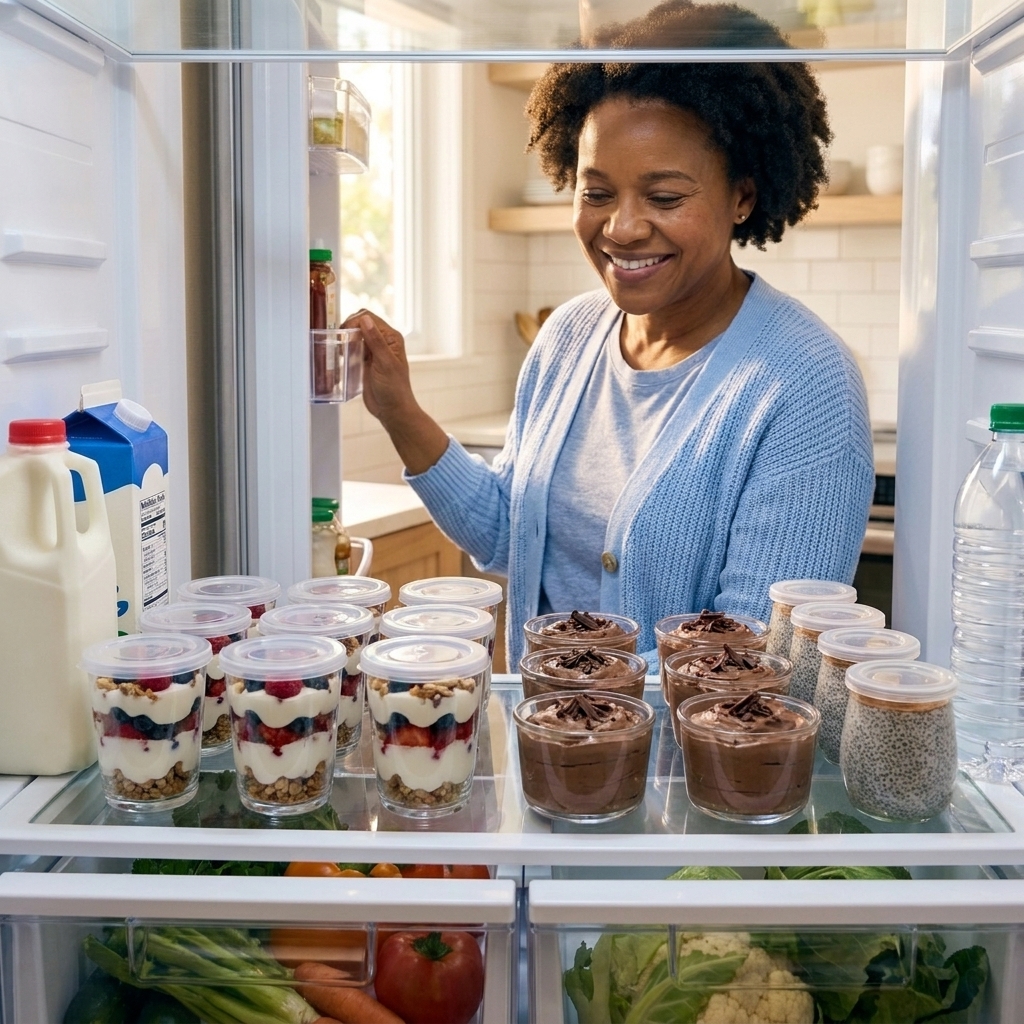 Small dessert cups with lids arranged neatly on a refrigerator shelf