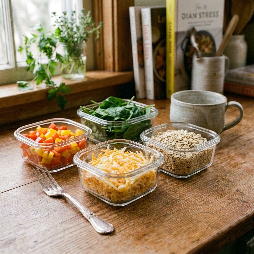 Small glass containers filled with chopped bell peppers, spinach, shredded cheese, and oats arranged on a kitchen counter