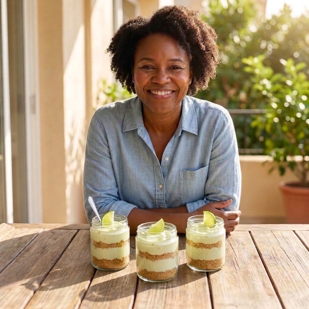 Small glass jars filled with creamy key lime filling and graham cracker crumbs, topped with a lime wedge