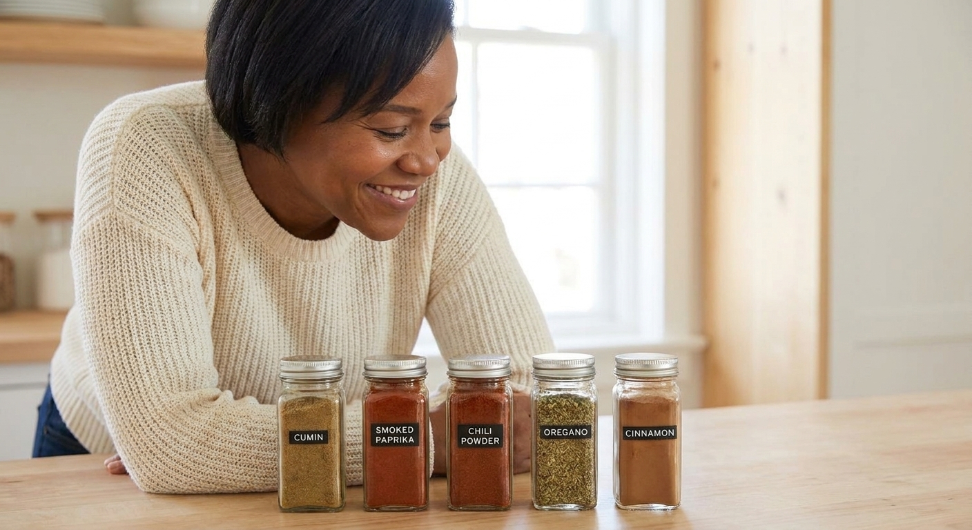 Small glass jars of common spices like cumin, smoked paprika, chili powder, oregano, and cinnamon arranged on a countertop