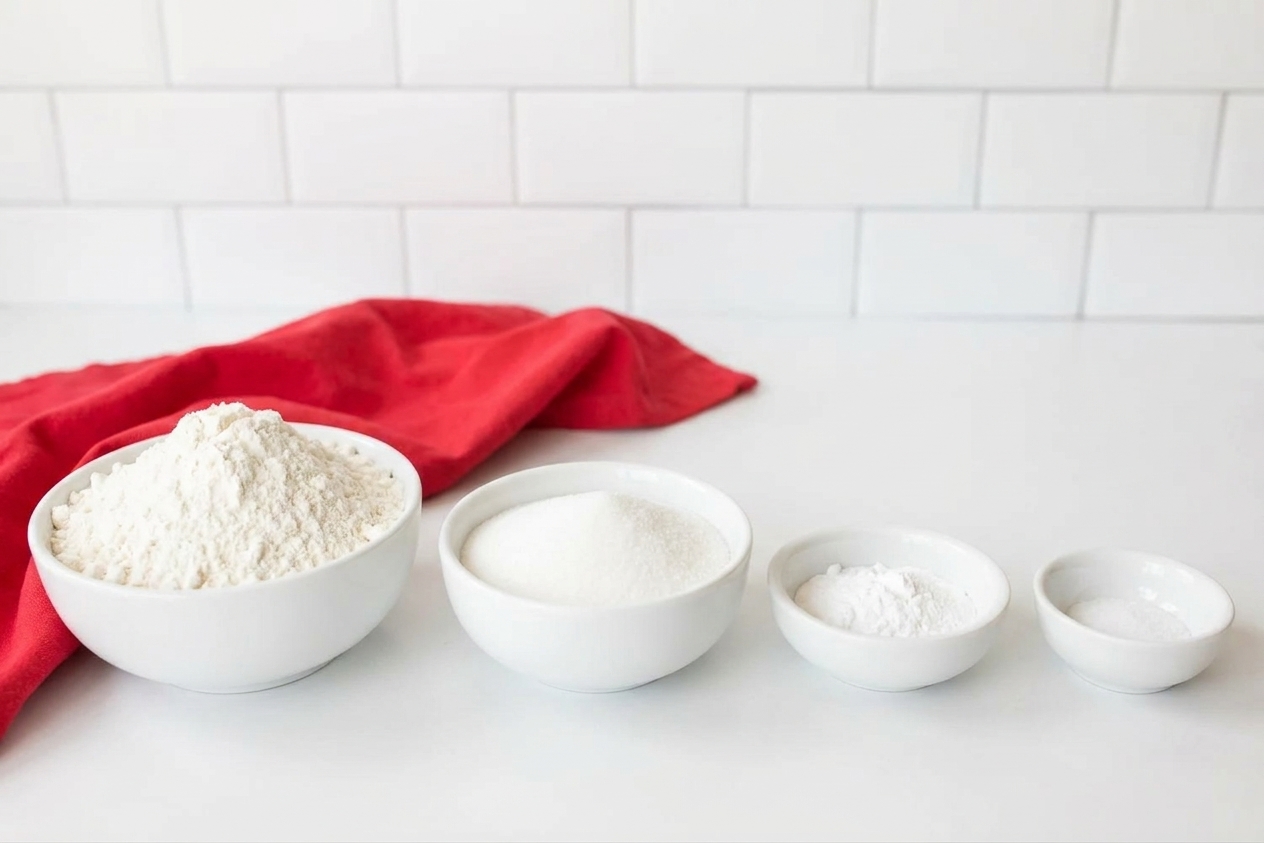 Small white bowls of flour, sugar, baking powder, and salt arranged on a kitchen counter, ready to be mixed