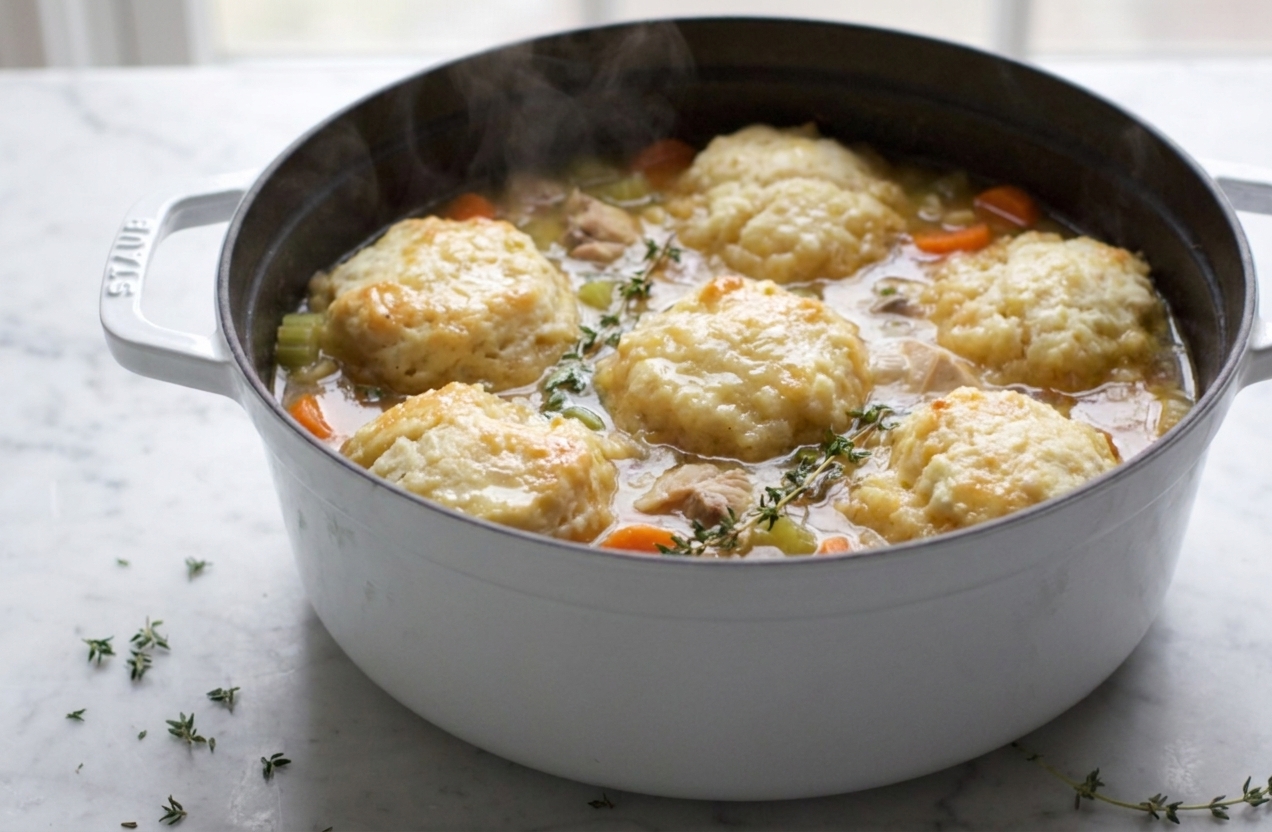 Soft biscuit-style dumplings simmering on the surface of a pot of chicken soup