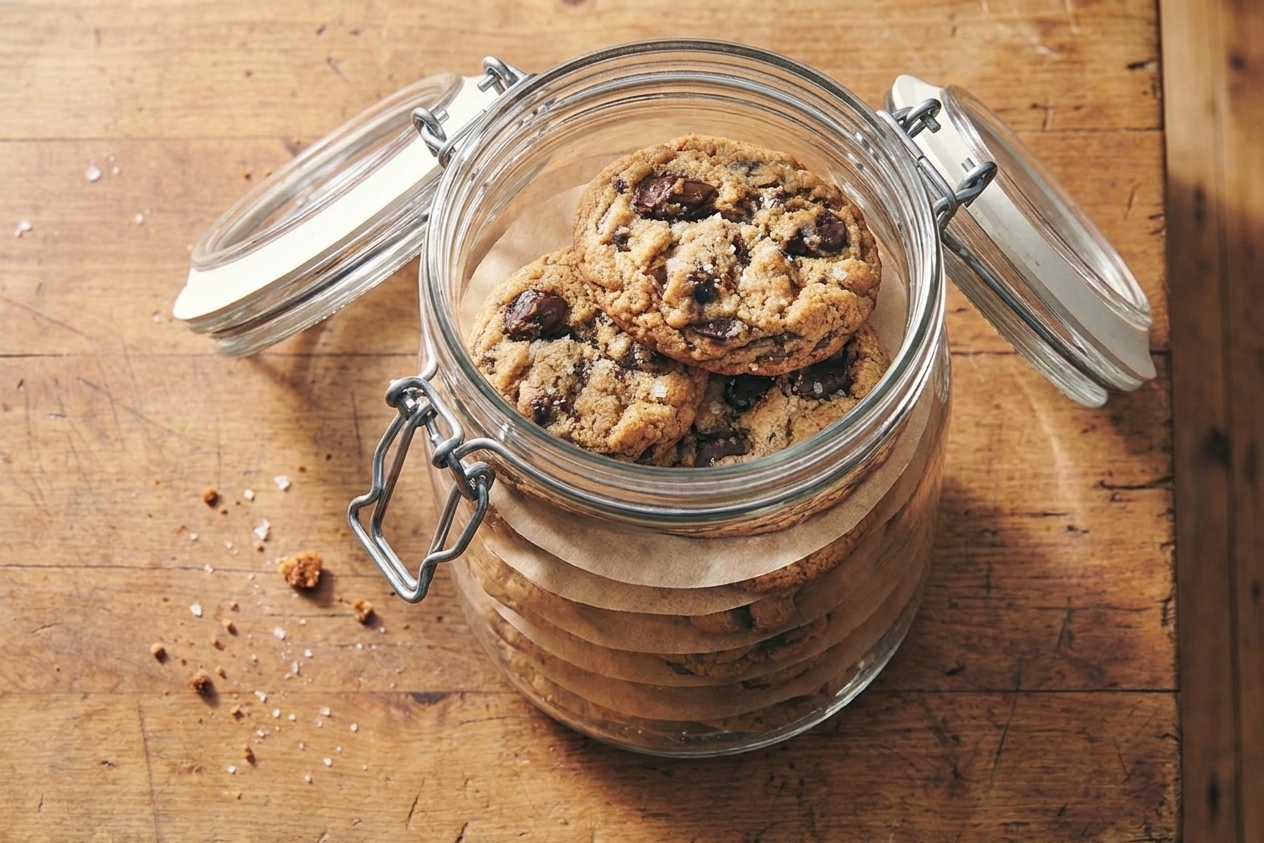 Soft cookies stacked in an airtight container with parchment between layers on a kitchen counter
