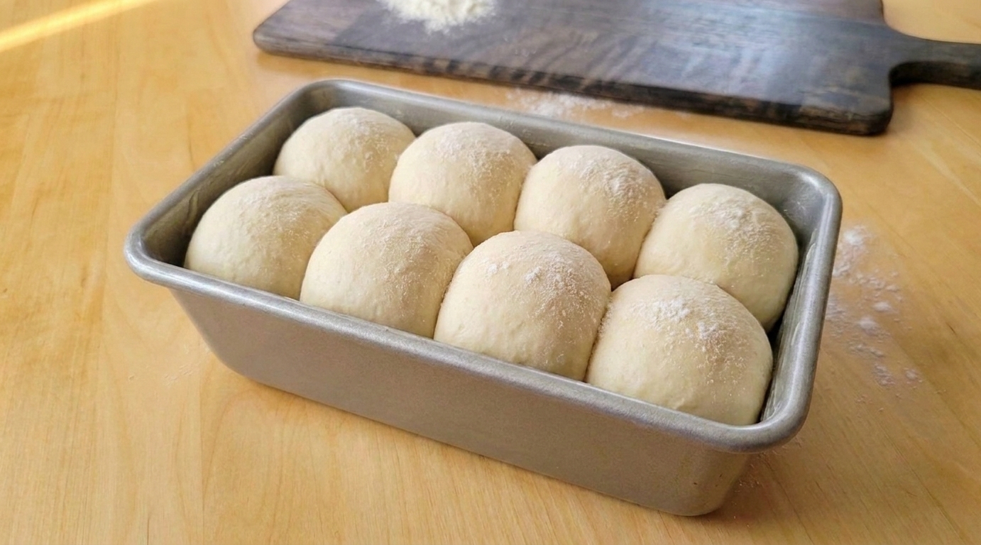 Soft round dinner rolls risen close together in a baking pan before going into the oven