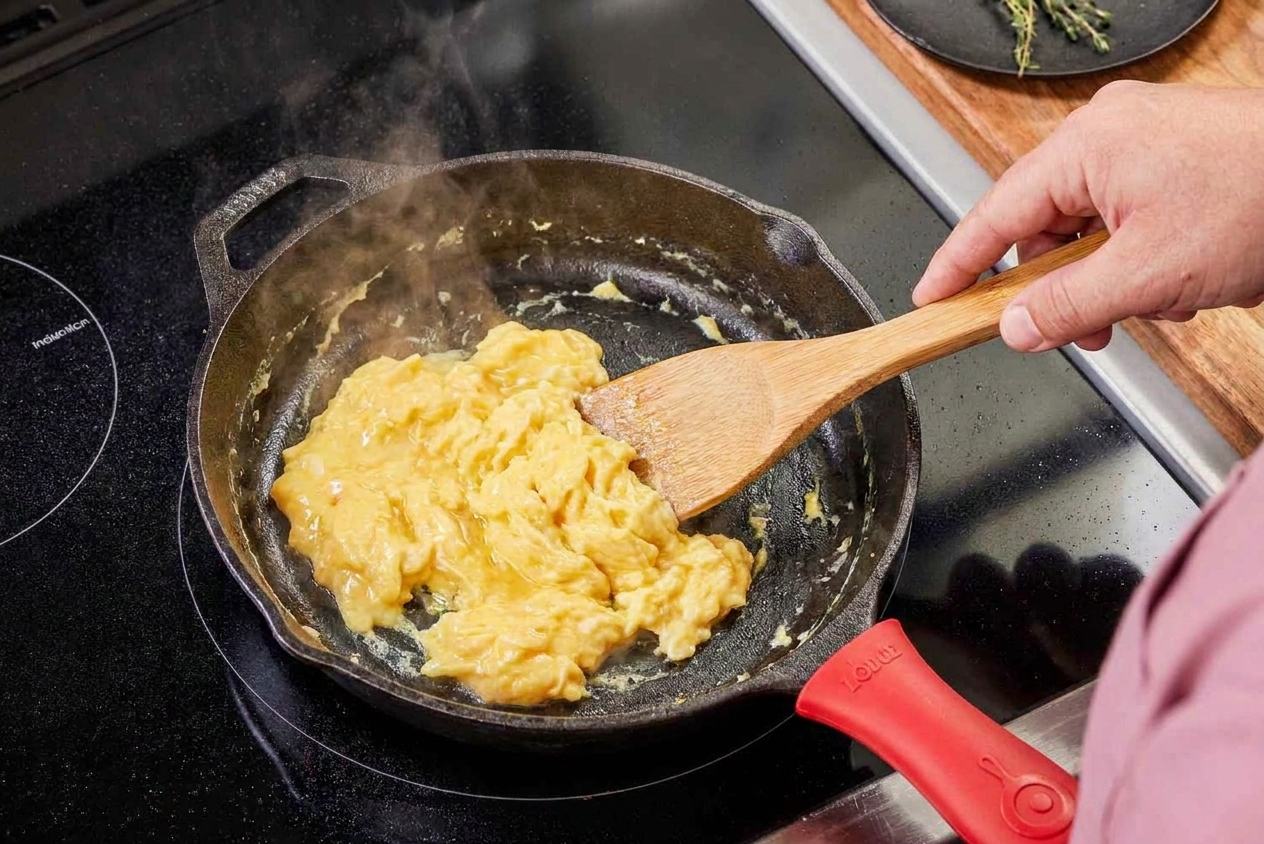 Soft scrambled eggs being pushed into fluffy curds in a hot skillet with a spatula