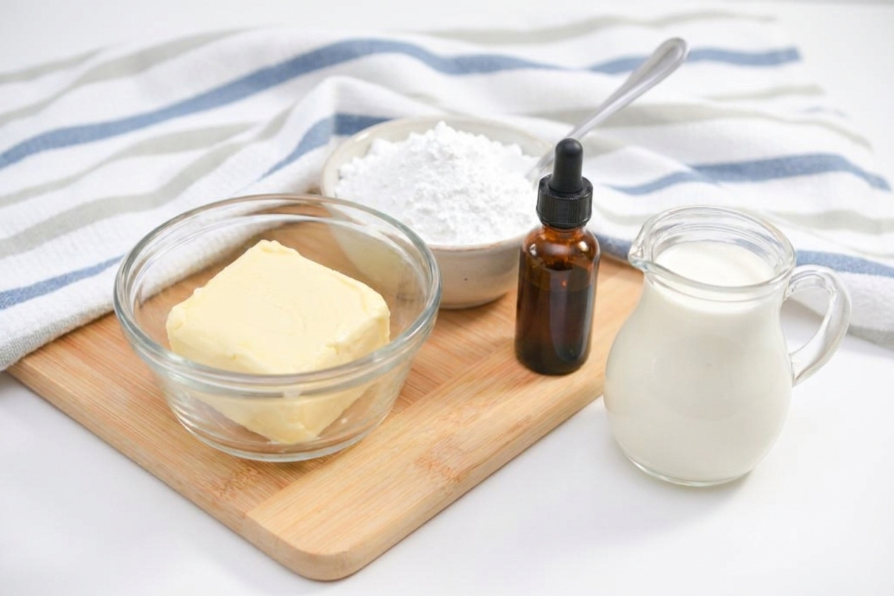 Softened butter, powdered sugar, vanilla extract, and a small pitcher of cream arranged on a clean kitchen counter