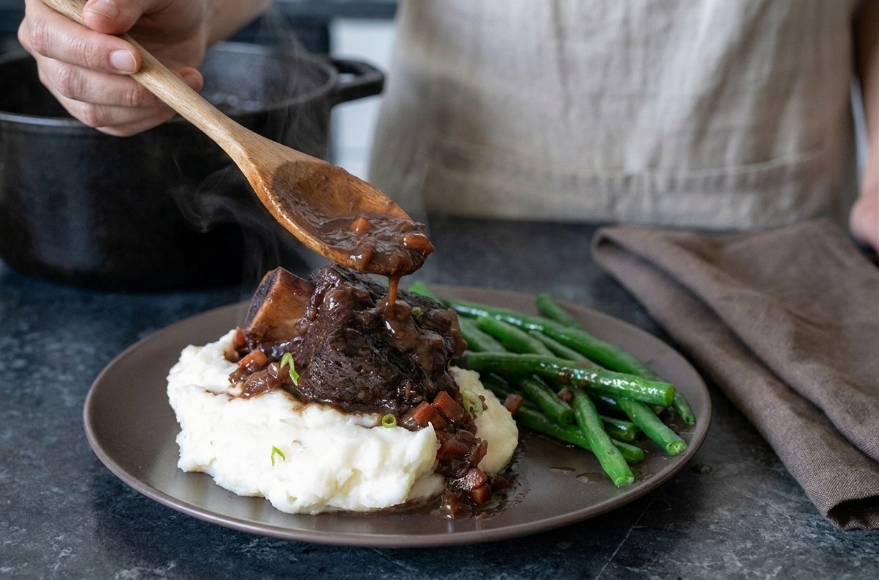 Someone spooning rich braising sauce over a plated short rib next to mashed potatoes