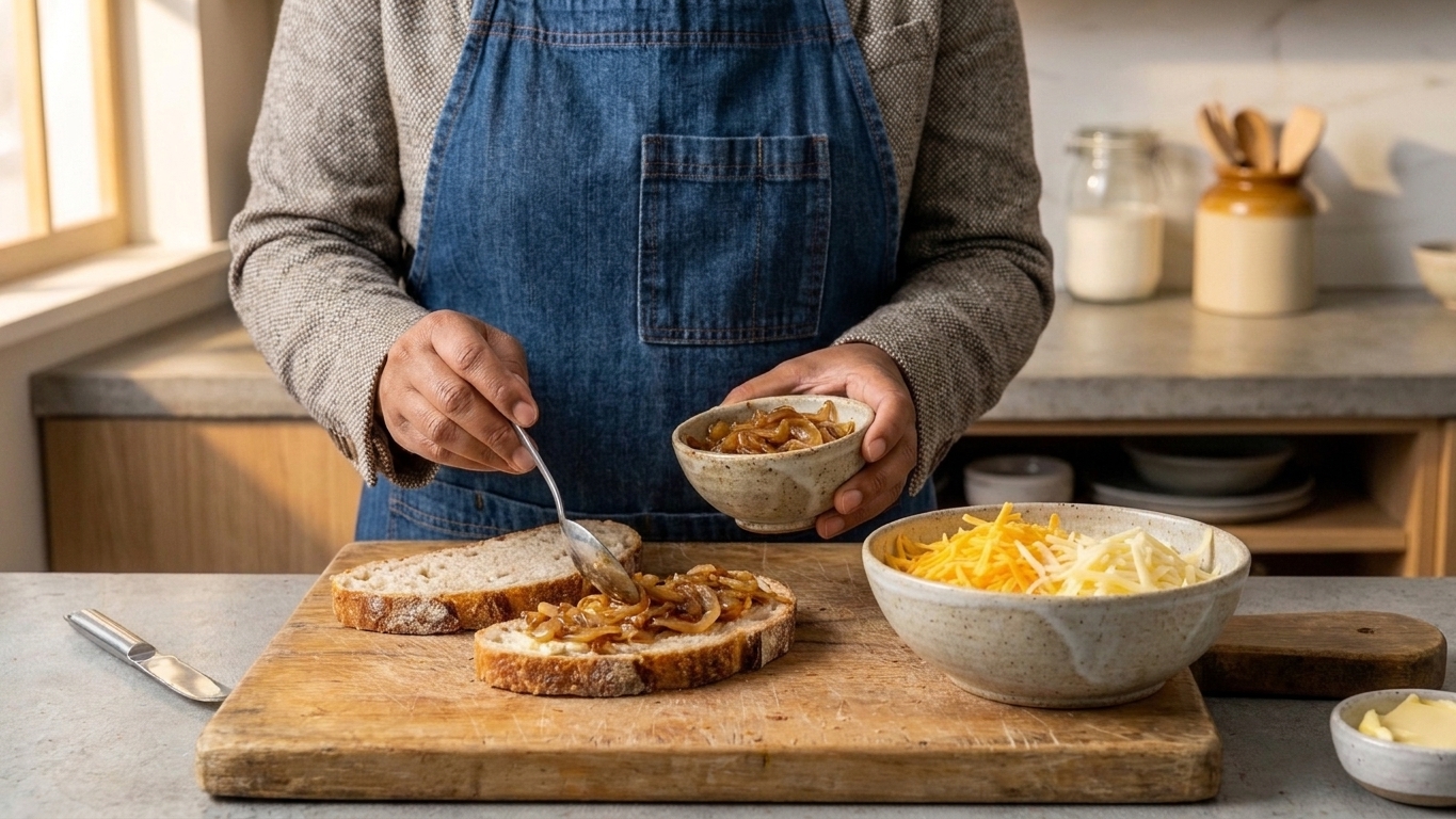 Sourdough slices, shredded cheese, and add-ins like caramelized onions arranged for making grilled cheese