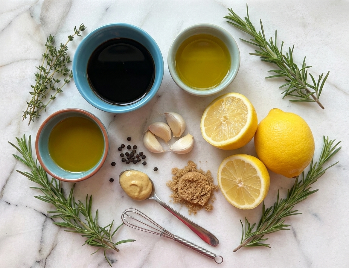 Soy sauce, olive oil, lemon, garlic, brown sugar, Dijon mustard, black pepper, and fresh herbs arranged as ingredients for a London broil marinade