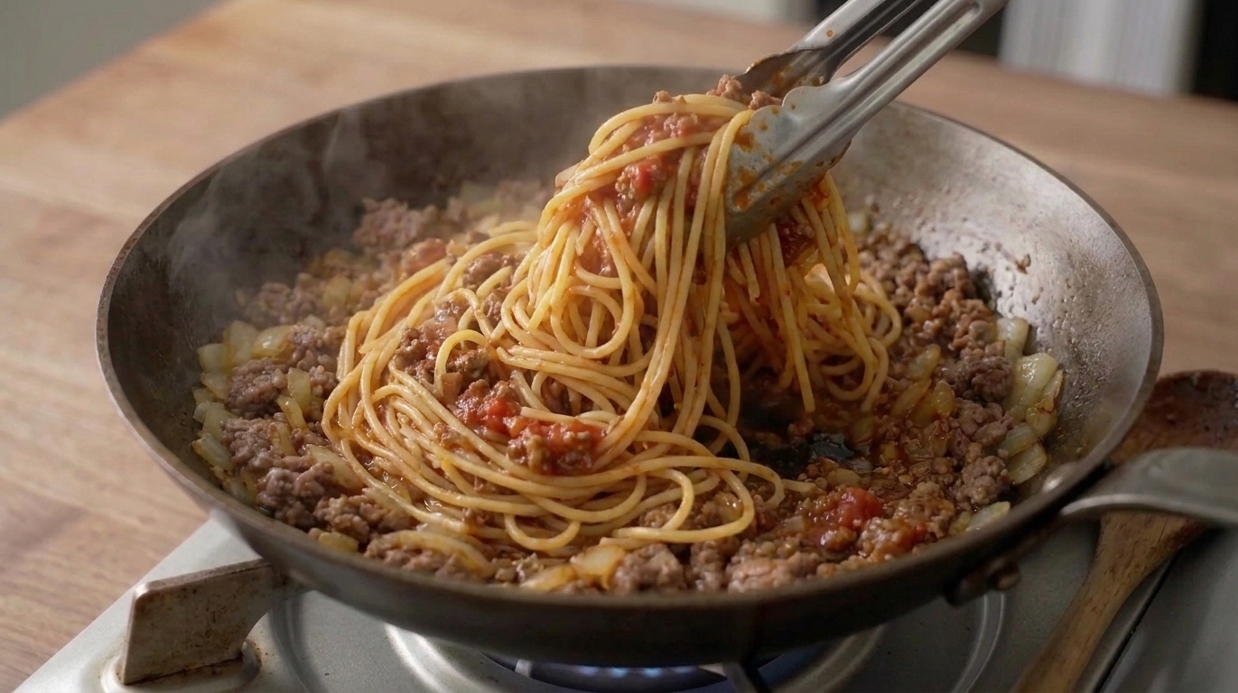 Spaghetti being tossed in a pan with meat sauce, with tongs lifting the noodles as the sauce coats them