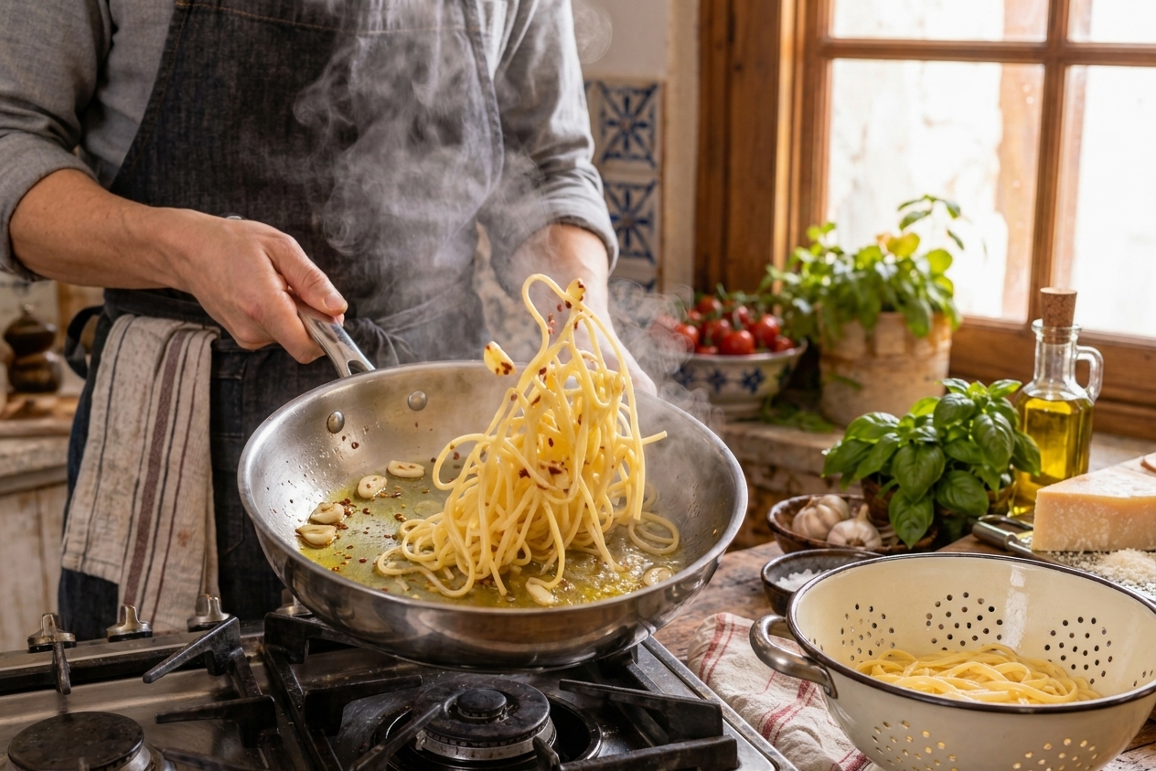Spaghetti being tossed in a skillet with olive oil, sliced garlic, and red pepper flakes on a stovetop