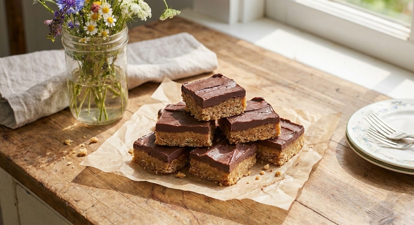 Stacked squares of no-bake chocolate oat bars on parchment paper with chocolate visible in the middle