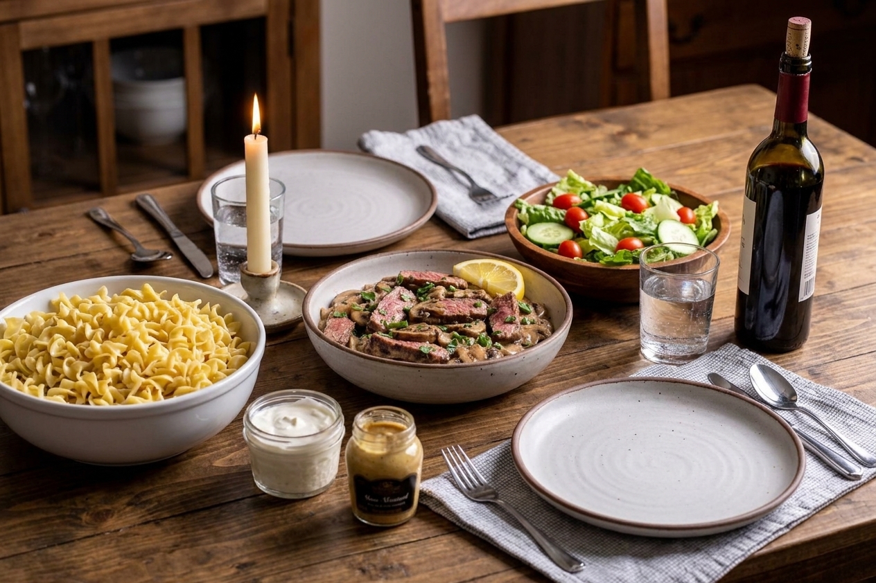 Steak stroganoff being served at a dinner table with noodles and a simple salad