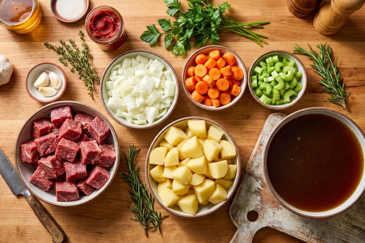 Stew beef, chopped onions, carrots, celery, potatoes, garlic, tomato paste, herbs, and beef broth arranged on a kitchen counter before cooking