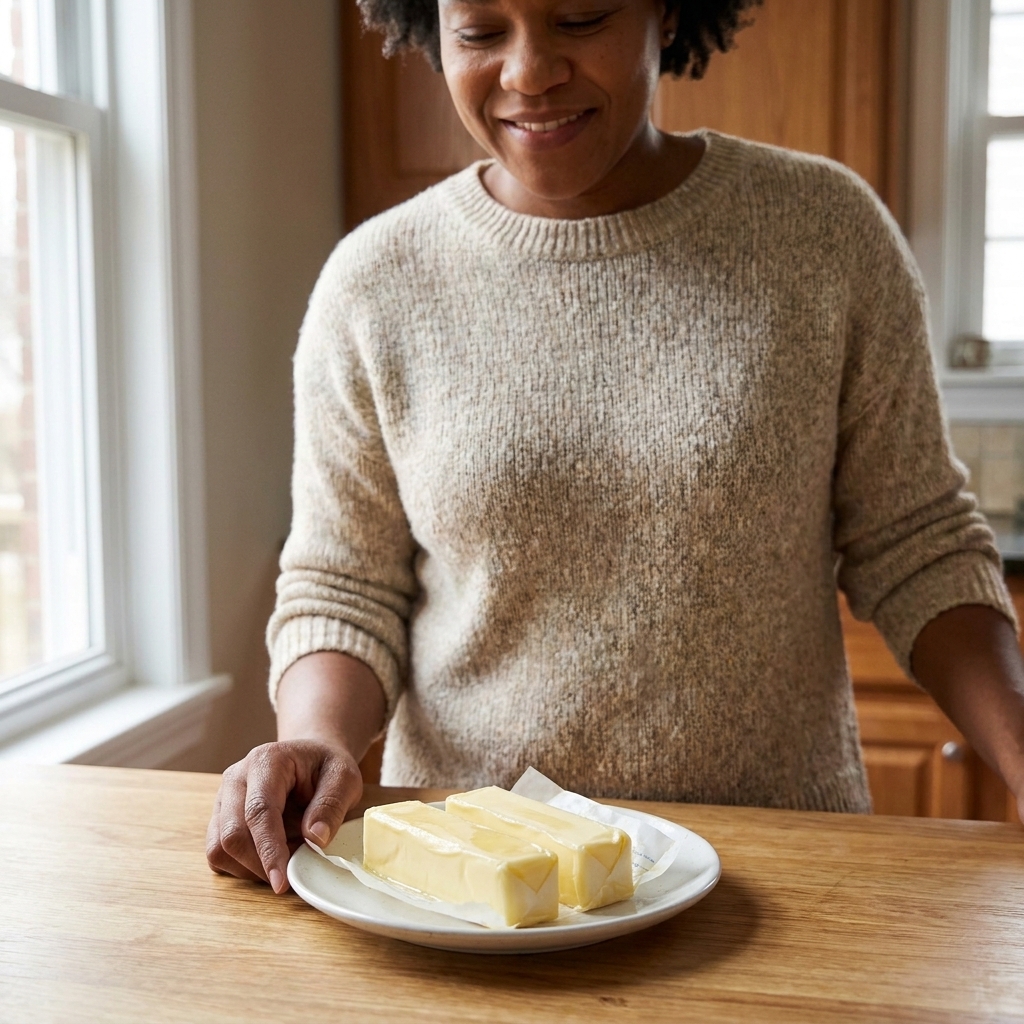 Sticks of butter on a small plate on a kitchen counter, softened but still holding their shape