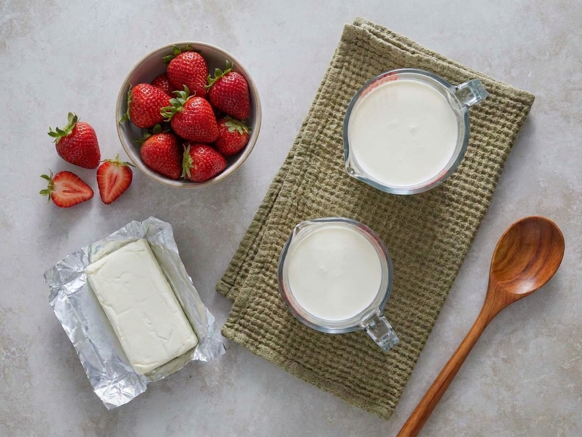 Strawberries, cream cheese, and heavy cream set out on a counter, ready for making cheesecake bars