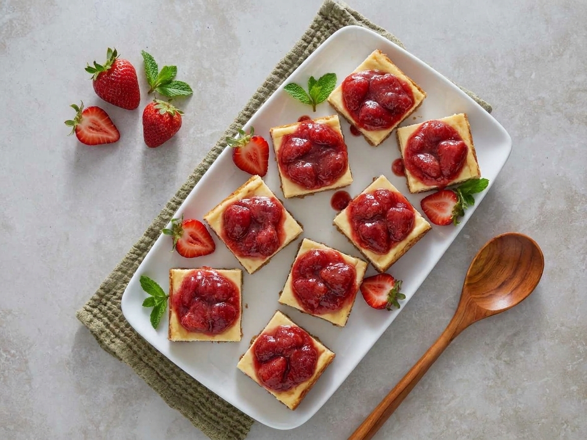 Strawberry cheesecake bars arranged on a serving platter with fresh strawberries alongside