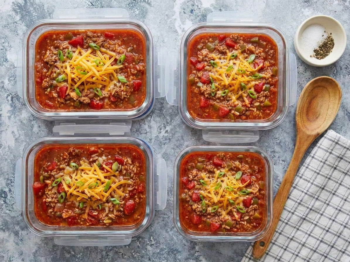 Stuffed pepper soup portioned into glass meal prep containers on a kitchen counter