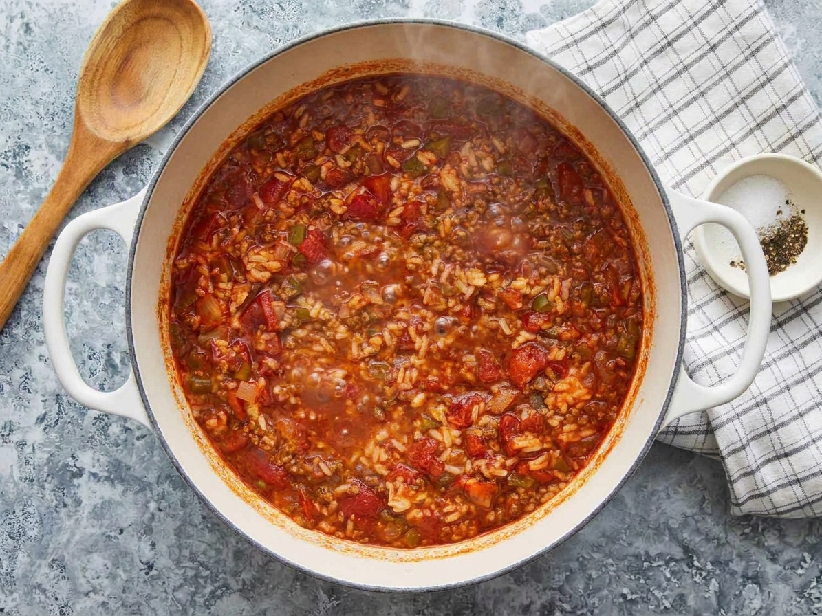 Stuffed pepper soup simmering in a pot with visible bell pepper pieces in a tomato broth