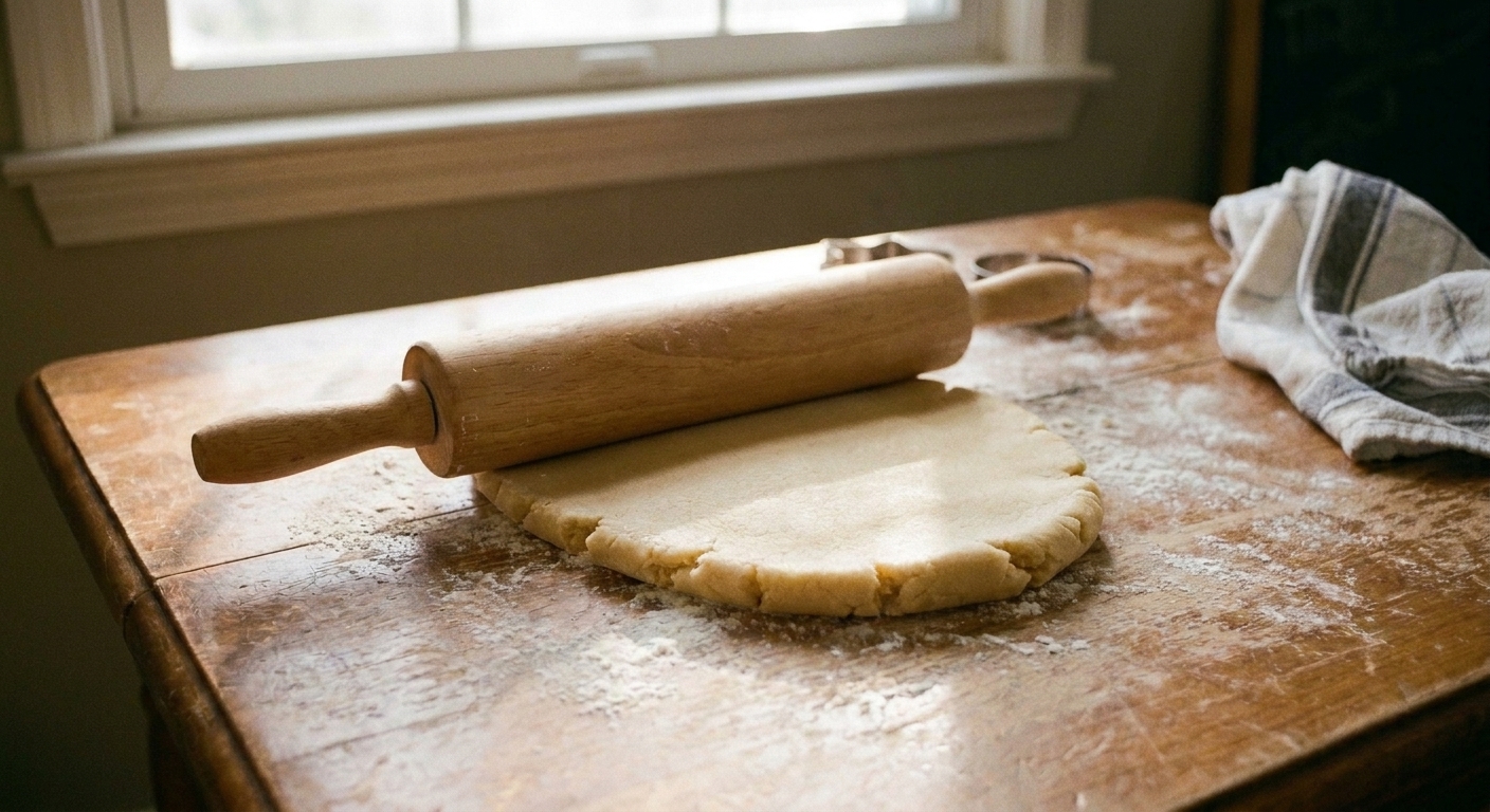 Sugar cookie dough being rolled out on a lightly floured counter with a wooden rolling pin