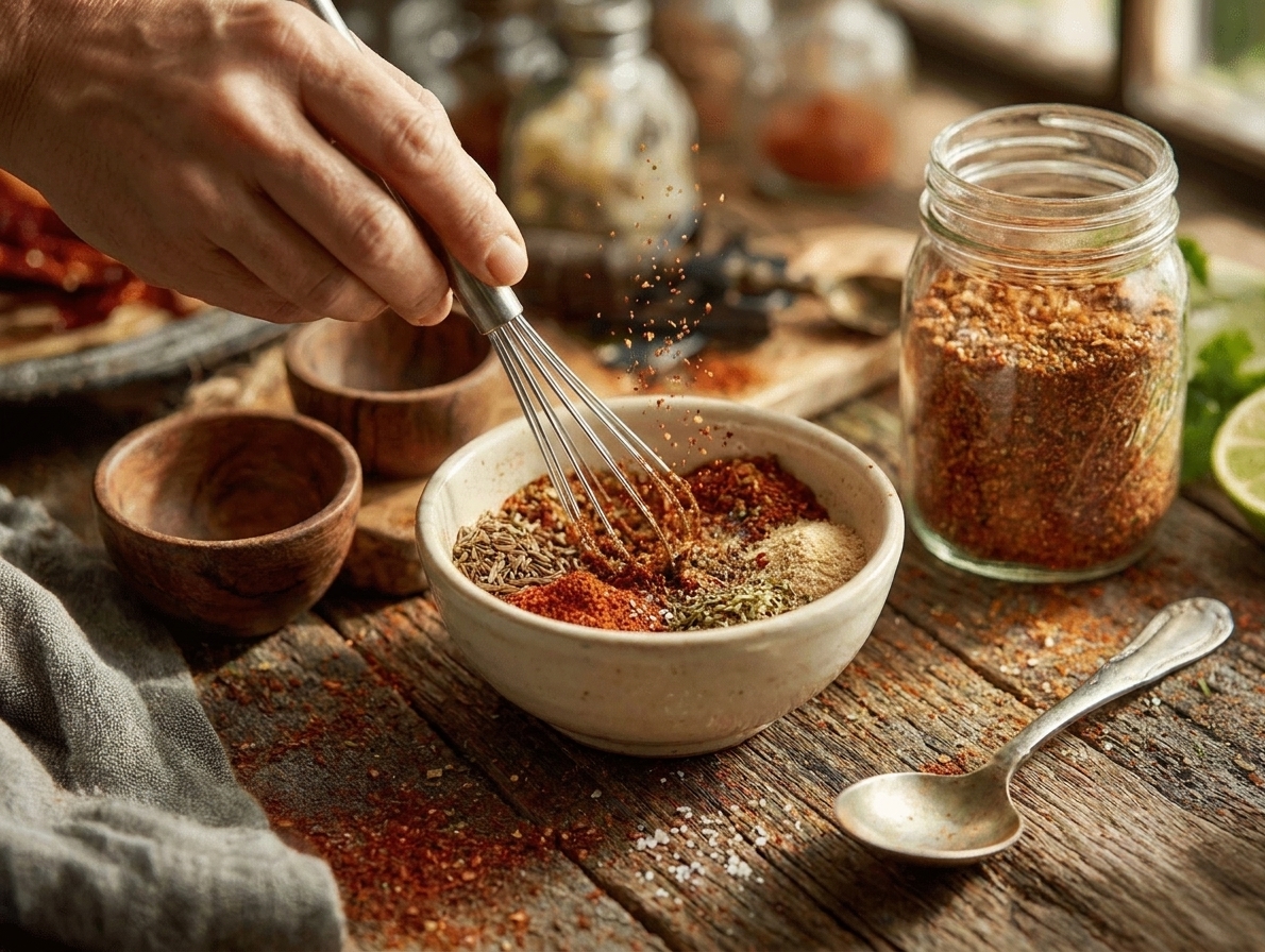 Taco seasoning spices being whisked together in a small ceramic bowl on a kitchen counter