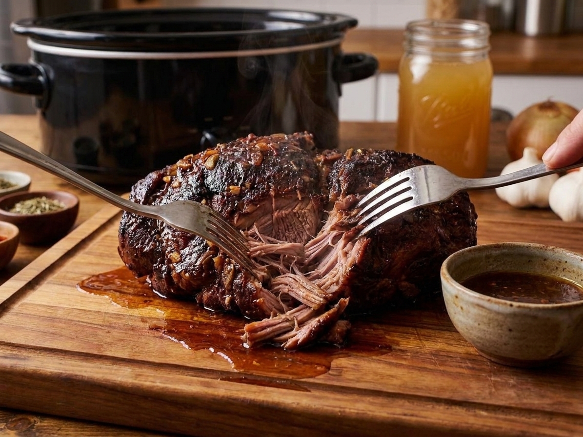 Tender slow-cooked pork being shredded with two forks on a wooden cutting board with cooking juices nearby