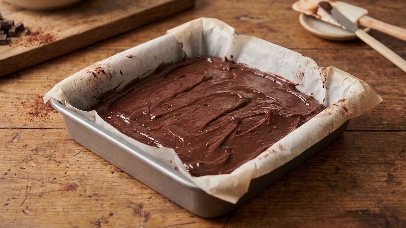 Thick chocolate brownie batter spread in a parchment-lined square baking pan before going into the oven