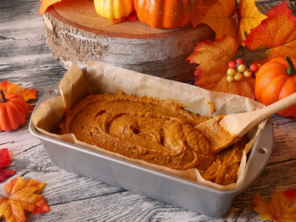 Thick pumpkin bread batter spread in a parchment-lined loaf pan on a kitchen counter before baking