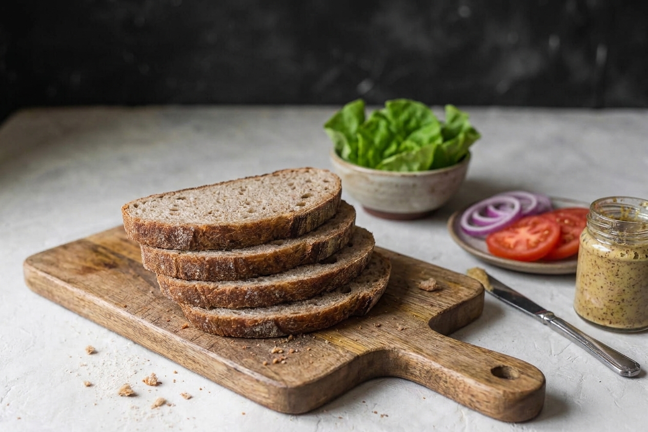 Thick slices of homemade wheat bread stacked on a cutting board with simple sandwich fixings nearby